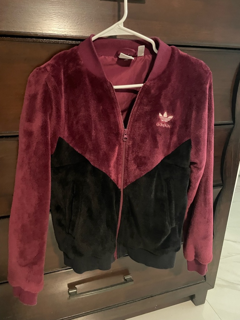 adidas Plush Bomber Jacket in Burgundy and Black